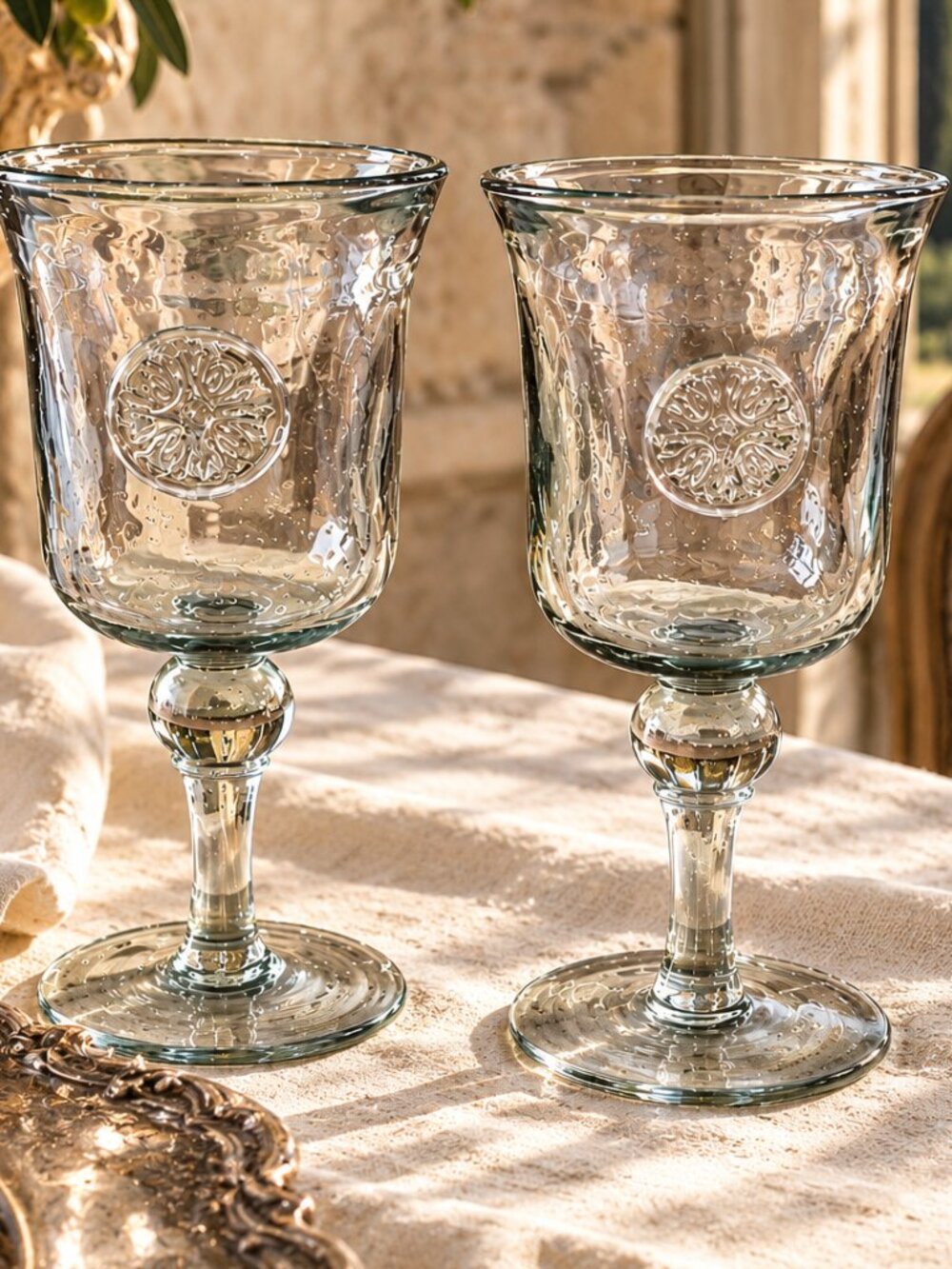 Vintage Pale Green Hand Stamped Medallion Hand Blown Embossed Glass Wine Goblets